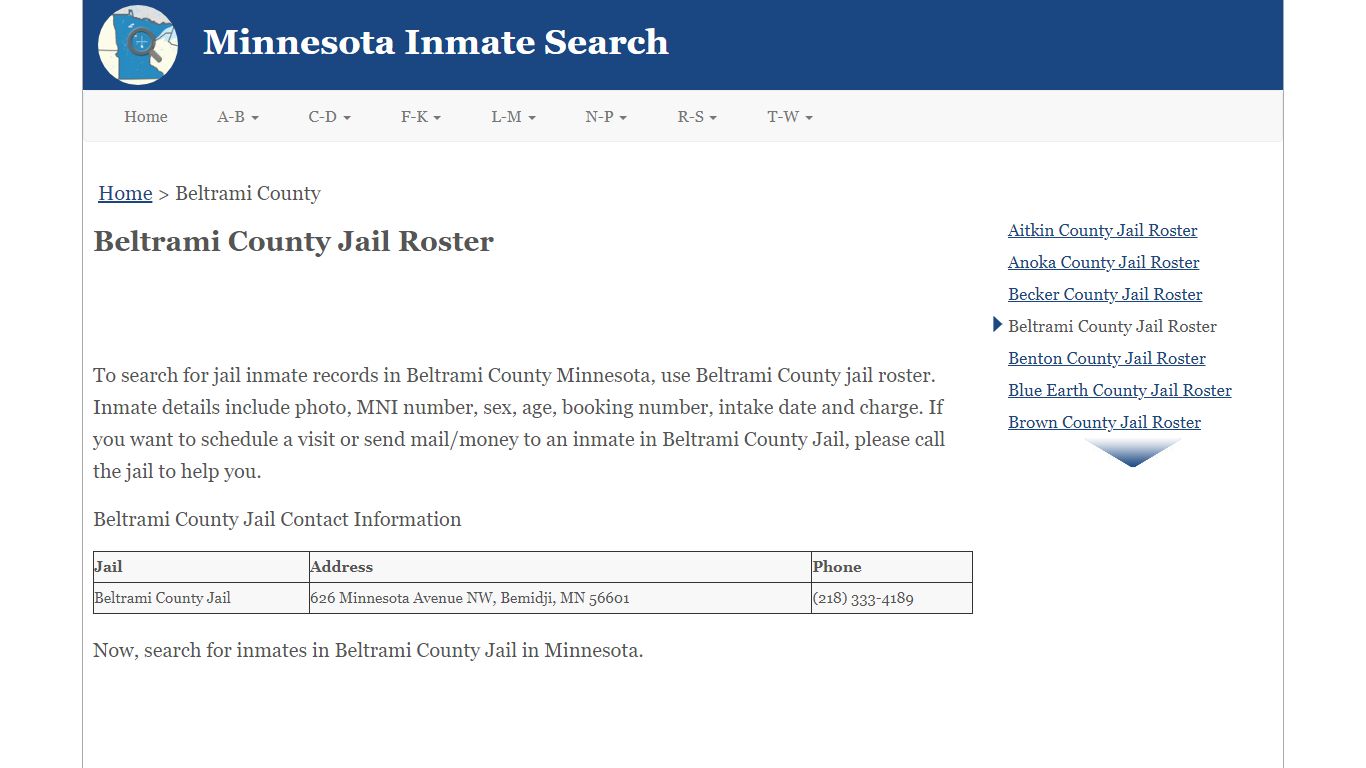 Beltrami County Jail Roster - Minnesota Inmate Search